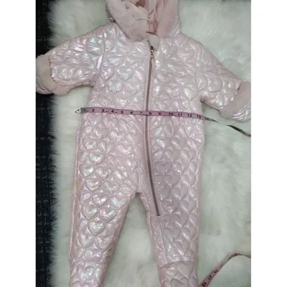 Rothschild & Co Baby Girls Hooded Quilted-Heart Footed Pram Faux-Fur Trim 12M - Picture 5 of 6